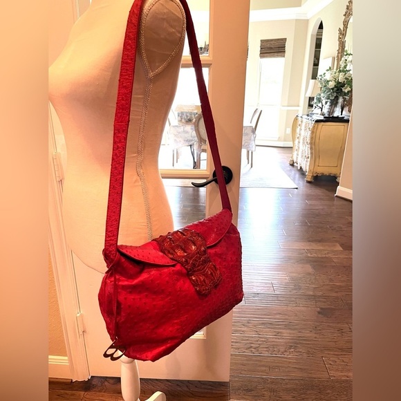 Bolingo By Susan Todd Red Designer Exotic Crocodile and Ostrich Hobo Handbag VTG - Picture 5 of 14